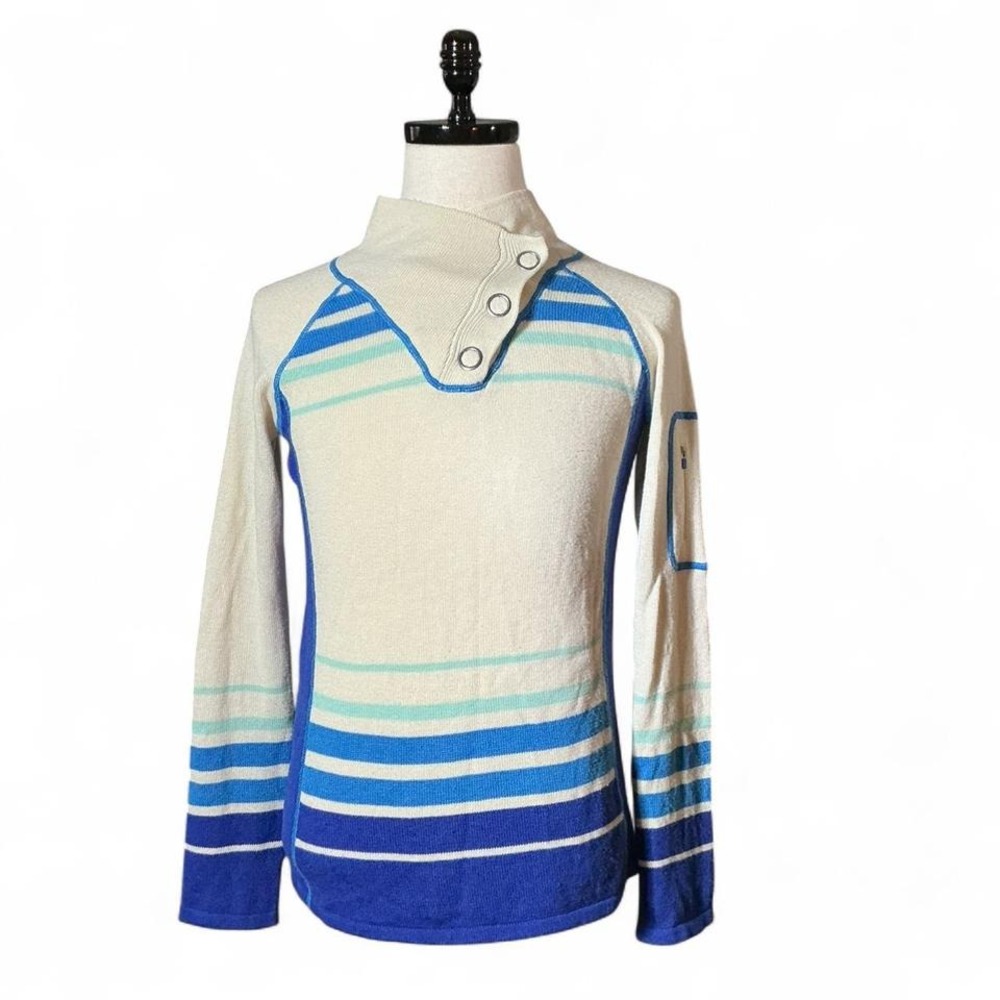 Akini‎ Women's Wool Striped Mock Neck Snap Button Knit Sweater Size M Winter